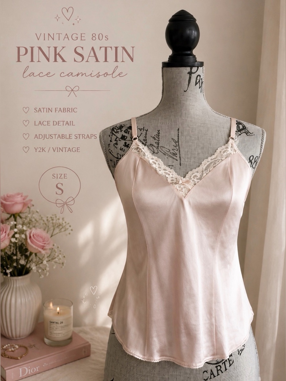 Vintage 80s Pink Satin Lace Camisole | Lingerie Slip Top